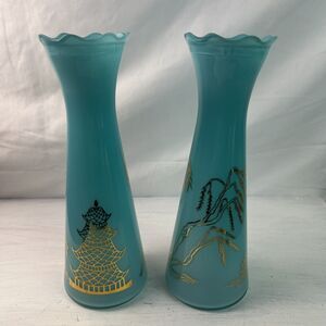 Pair Vintage Bartlett Collins Atomic Age Glass 9" Vase Blue Gold Asian Pagoda